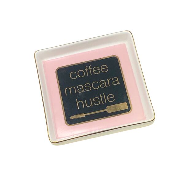 Coffee Mascara Hustle Pink Ceramic Ring Dish Jewelry Tray Francesca's - Picture 2 of 6
